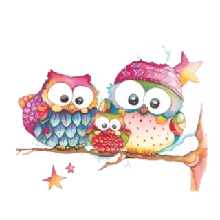🦉 นกฮูก, นก, ครอบครัว, สีน้ำ, กิ่งไม้, น่ารัก, ฤดูหนาว telegram sticker