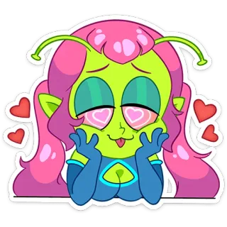 🥰 Alienígena, Fofo, Desenho animado, Cabelo rosa, Corações, Amor telegram sticker