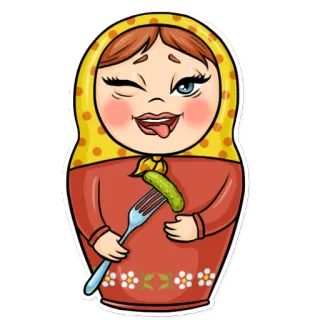 😏 матрёшка, русская кукла, мультфильм, огурец, еда, подмигивание, персонаж, стикер whatsapp sticker