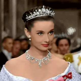 ➿ Audrey Hepburn, Atriz, Tiara, Colar, Jóias, Retrato, Filme, Clássico telegram sticker