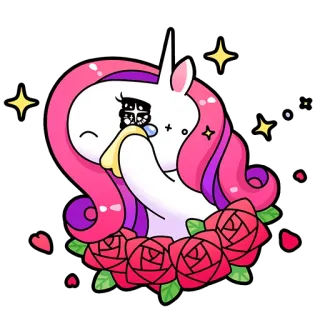 🥺 unicorn, sad, crying, cartoon, flowers, roses, cute telegram sticker
