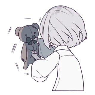 😕 Anime, Meisje, Teddybeer, Verdrietig, Grijs, Monochroom telegram sticker