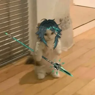 🤨 Xiao Genshin Impact cat, genshin impact, xiao, anime, video game, spear, funny, meme telegram sticker