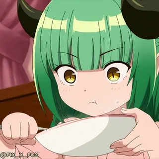 😋 @FIX_X_FOX Anime, Niedlich, Mädchen, Dämon, Essen, Schüssel, Grüne Haare telegram sticker