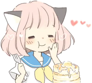 😋 garota anime, kawaii, fofo, panquecas, orelhas de gato, comendo, ilustração telegram sticker
