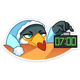 🥱 07:00 sleepy, morning, alarm clock, bird, cartoon, time, wake up telegram sticker