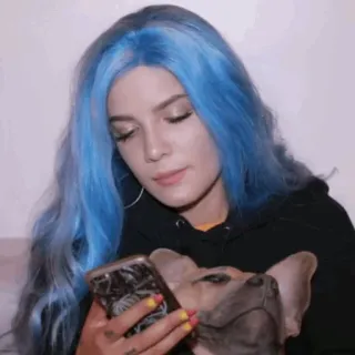 💧 Frau, blaue Haare, Hund, Handy, Haustier, Porträt telegram sticker