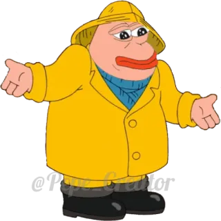 🐸 mème, pepe, pêcheur, confus, imperméable jaune, dessin animé, autocollant telegram sticker