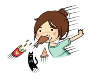 🍗 Dessin animé, Nourriture, Manger, Fille, Pizza, Frites, Chat noir whatsapp sticker