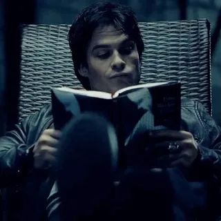 🍷 Damon Salvatore The Vampire Diaries hombre, leyendo, libro, vampiro, serie de tv telegram sticker