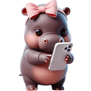 📱 hipopotam, zwierzę, słodki, kreskówka, telefon, różowa kokarda, uroczy telegram sticker