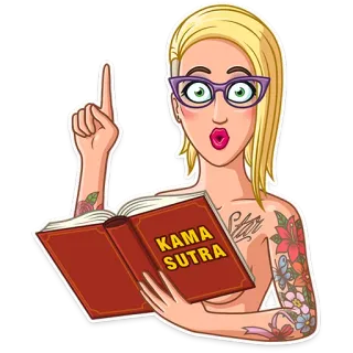 🤓 KAMA SUTRA libro, donna, kama, sutra, bionda, tatuaggio, occhiali telegram sticker