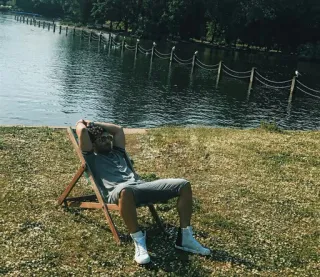 🖤 man, relaxing, chair, outdoors, lake, summer telegram sticker