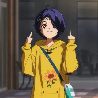 🌻 アニメ, 中指, 黄色いパーカー, 不快, 女の子, 漫画, 侮辱的なジェスチャー telegram sticker