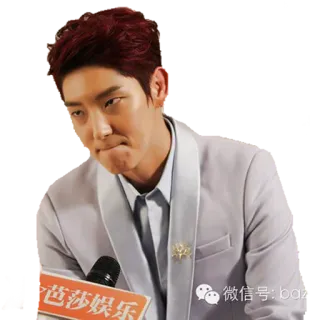 😑 微信信号: baz man, suit, red hair, asian, microphone, korean telegram sticker