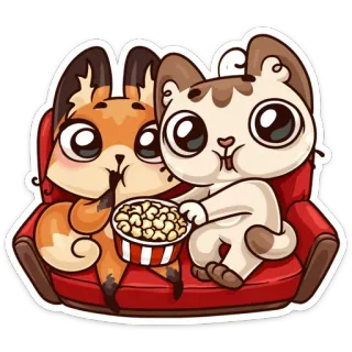 🎬 renard, chat, pop-corn, canapé, animaux, dessin animé, regarder film telegram sticker