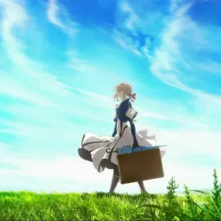 😏 Violet Evergarden anime, girl, suitcase, field, blue sky telegram sticker