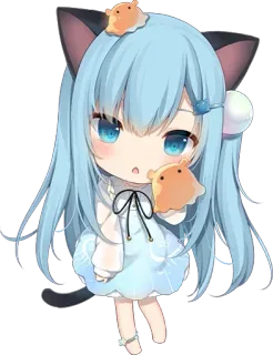 🤔 สาวอนิเมะ, จิบิ, คาวาอิ, น่ารัก, หูแมว, ผมสีฟ้า, สติกเกอร์ telegram sticker