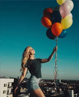🎈 globos, cielo, azotea, mujer, colorido, ciudad, exterior telegram sticker