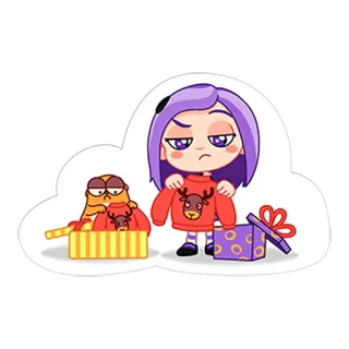 ☹ kartun, gadis, kucing, natal, rusa kutub, sweter, hadiah, hadiah telegram sticker