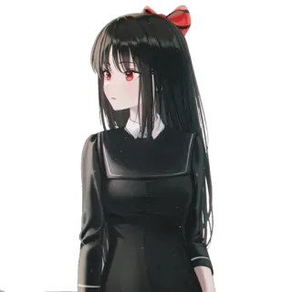 😯 animé, fille, yeux rouges, nœud, cheveux noirs, dessin animé, portrait telegram sticker