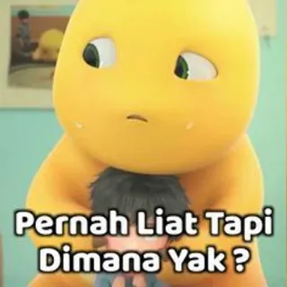 😎 Pernah Liat Tapi Dimana Yak ? kreskówka, żółta postać, chłopak, dinozaur, zmieszany, pytanie telegram sticker