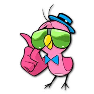 😎 Vogel, Cartoon, Hut, Brille, Fliege, Rosa telegram sticker
