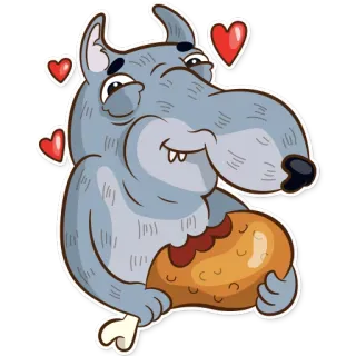 🍗 lobo, desenho animado, comendo, coração, amor, fofo, animal telegram sticker