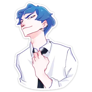 😌 garoto anime, sorriso irônico, cabelo azul, camisa branca, gravata, bonito, piercings whatsapp sticker
