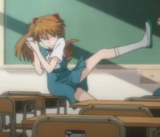 😡 Asuka Langley Sohryu Neon Genesis Evangelion anime, character, school, classroom, sitting, illustration telegram sticker