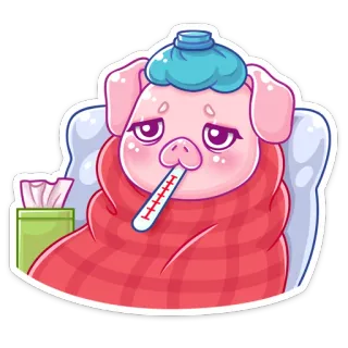 🤒 cerdo, enfermo, enfermo, termómetro, cama, dibujos animados, animal, gripe telegram sticker