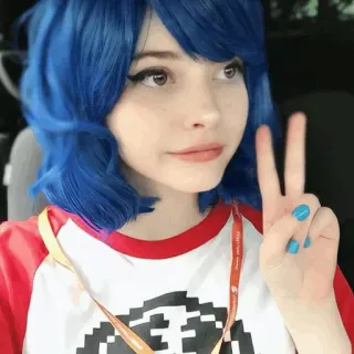 🎾 cosplay, blue hair, peace sign, woman, portrait, indoors telegram sticker
