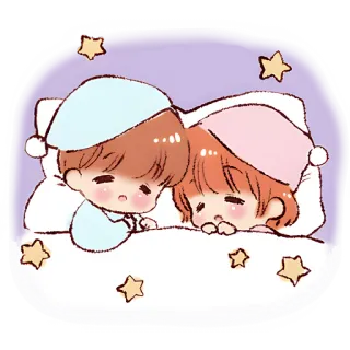 🥱 buồn ngủ, dễ thương, cặp đôi, kawaii, giường, ngôi sao whatsapp sticker
