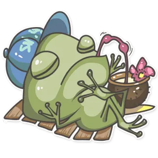 🐸 개구리, 만화, 마시는, 휴식, 코코넛, 꽃 telegram sticker