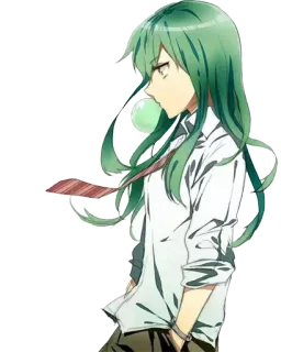 😐 Anime, Fille, Cheveux verts, Chewing-gum, Uniforme scolaire telegram sticker