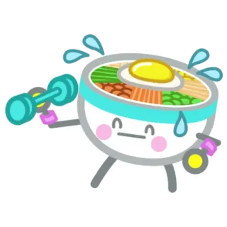 💪 makanan, olahraga, latihan, kawaii, imut, dumbel, keringat, mangkuk whatsapp sticker