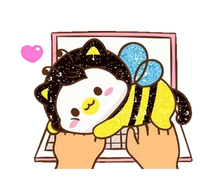 ⭐ gato, abelha, laptop, fofo, kawaii, desenho animado, adesivo telegram sticker
