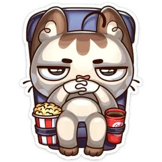🍬 cat, popcorn, movie, cola, tired, sitting, cartoon, animal whatsapp sticker