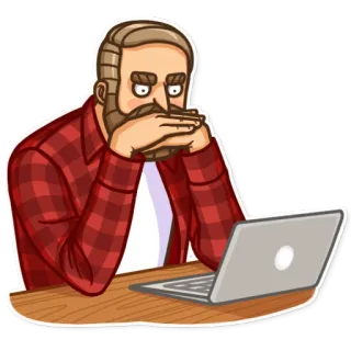 💻 pria, laptop, berpikir, jenggot, kartun, meja telegram sticker