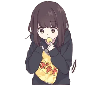 😋 ポテチ garota anime, comendo, batatas fritas, snacks, fofa, desenho animado telegram sticker
