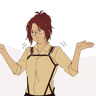 🤷‍♀ Hange Zoe Attack on Titan Anime, Personagem, Fanart, Encolhendo os ombros, Questionando, Expressão, Óculos telegram sticker