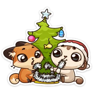 🎄 natal, feriado, fofo, animais, gato, raposa, árvore telegram sticker