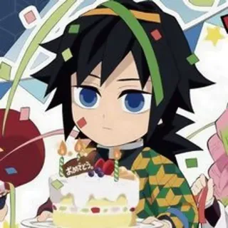 🪆 Giyu Tomioka Demon Slayer おめでとう anime, Demon Slayer, Giyu Tomioka, compleanno, torta, festa telegram sticker