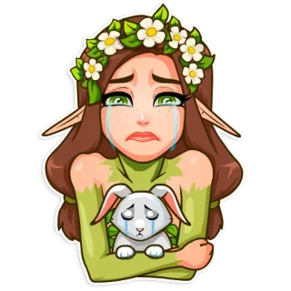 😭 elfo, piangendo, triste, coniglio, fiori, cartone animato telegram sticker