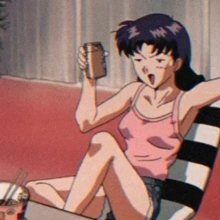 🦋 Misato Katsuragi Neon Genesis Evangelion anime, woman, drinking, relaxation, cartoon telegram sticker