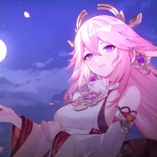 🔮 Yae Miko Genshin Impact 애니메이션, 비디오 게임, 분홍 머리, 여우, 캐릭터 whatsapp sticker