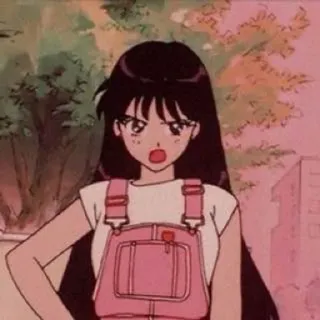 😒 アニメガール, 漫画, イラスト, ピンクのオーバーオール, 真剣な顔, アニメ telegram sticker