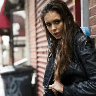 🥀 woman, leather jacket, urban, city, street, portrait telegram sticker