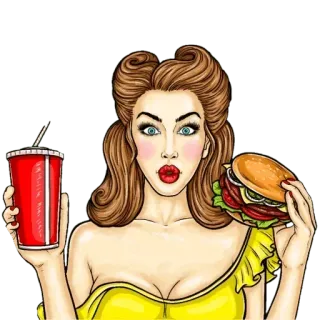 🍔 Frau, Burger, Limo, Pop Art, Cartoon, Essen telegram sticker