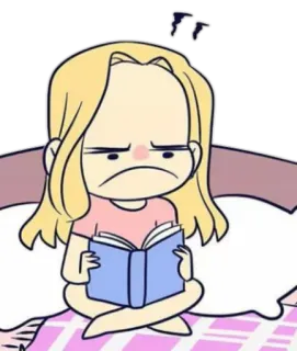 ☹ cartoon, reading, book, annoyed, blonde, girl, bed telegram sticker
